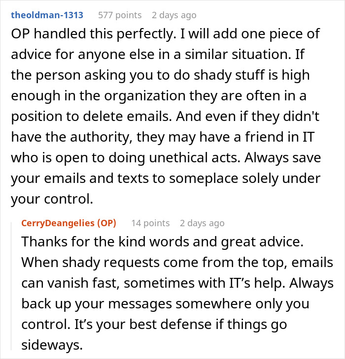 Screenshot of a Reddit conversation discussing the risks of fudging data and unethical requests from bosses. Screenshot of a Reddit conversation discussing the risks of fudging data and unethical requests from bosses.