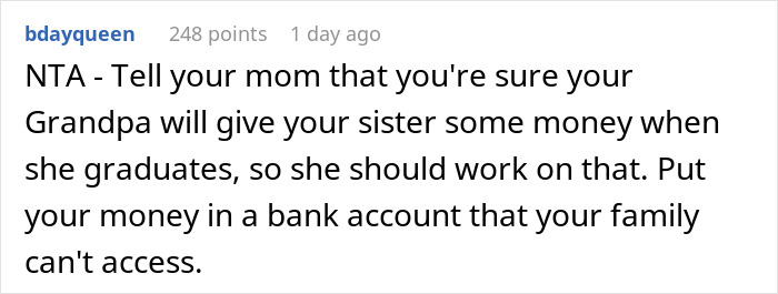 Commenter advises grandson to keep $10K gifted by wealthy grandpa for college in a secure bank account away from family access. Commenter advises grandson to keep $10K gifted by wealthy grandpa for college in a secure bank account away from family access.