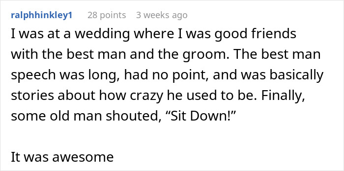 Screenshot of a Reddit comment describing a best man’s speech at a wedding shocking guests with an unusual comparison.