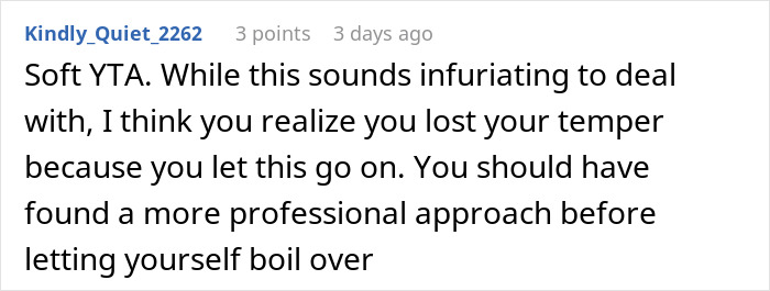Screenshot of a Reddit comment discussing losing temper and professionalism during a stressful job interview situation. Screenshot of a Reddit comment discussing losing temper and professionalism during a stressful job interview situation.