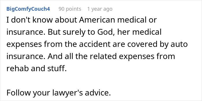 Reddit comment discussing medical and rehab expenses covered by auto insurance after crash in wife leaves affair partner story. Reddit comment discussing medical and rehab expenses covered by auto insurance after crash in wife leaves affair partner story.