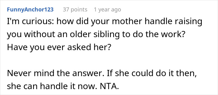 Forum comment discussing responsibility of a 20-year-old caring for half-siblings before moving out.
