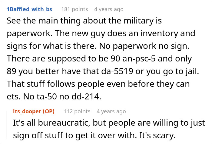 Screenshot of a discussion about military equipment tracking, paperwork, and inventory processes in a detailed forum thread. Screenshot of a discussion about military equipment tracking, paperwork, and inventory processes in a detailed forum thread.