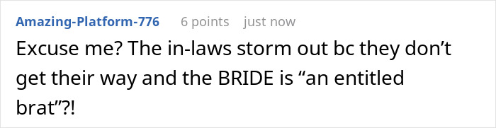 Screenshot of a social media comment about a bride called self-centered brat by groom's parents over autistic nephew conflict. Screenshot of a social media comment about a bride called self-centered brat by groom's parents over autistic nephew conflict.