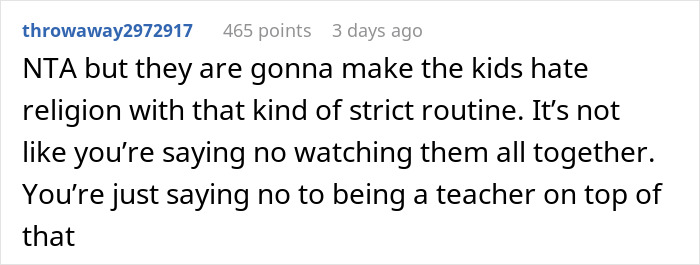 Reddit comment discussing babysit nephews and study Bible routines affecting kids’ view on religion. Reddit comment discussing babysit nephews and study Bible routines affecting kids’ view on religion.