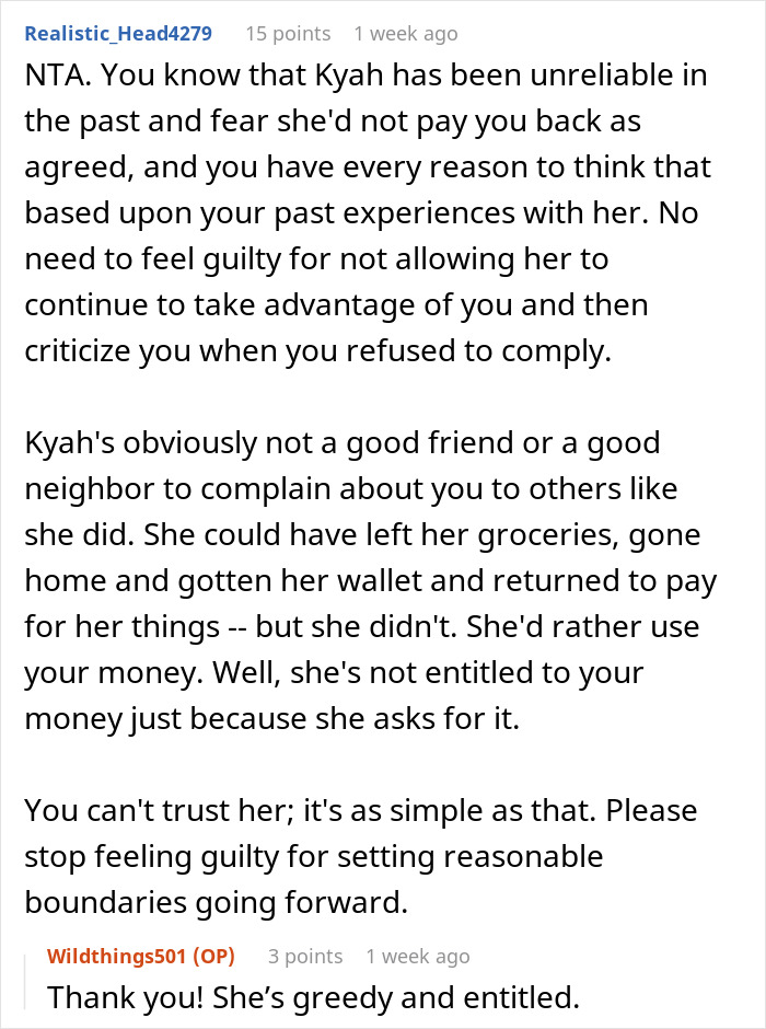 Text excerpt from an online discussion about a lady borrowing items and expecting her neighbor to pay an $85 grocery bill. Text excerpt from an online discussion about a lady borrowing items and expecting her neighbor to pay an $85 grocery bill.