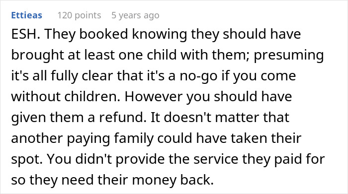 User comment discussing refund and service issues after a tour company turned away a childfree couple from a family tour.