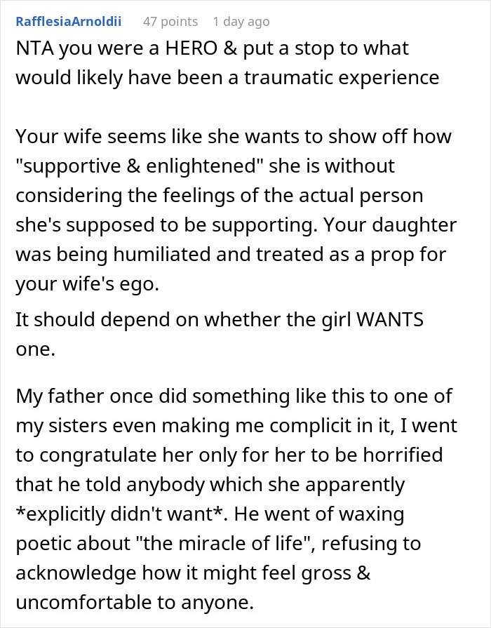 Comment discussing a mom going too far with a menstruation celebration for her 12-year-old daughter against the child’s wishes. Comment discussing a mom going too far with a menstruation celebration for her 12-year-old daughter against the child’s wishes.