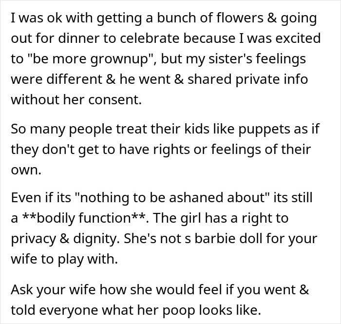 Text discussing a mom wanting to give her 12-year-old daughter a menstruation celebration but raising privacy and dignity concerns. Text discussing a mom wanting to give her 12-year-old daughter a menstruation celebration but raising privacy and dignity concerns.