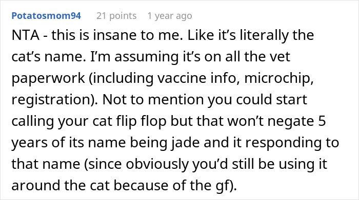 Comment on a forum post about a woman furious her partner won't rename their cat, discussing cat's name and vet paperwork. Comment on a forum post about a woman furious her partner won't rename their cat, discussing cat's name and vet paperwork.