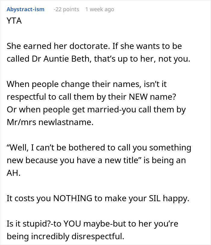 Comment discussing respect for an aunt with PhD expecting family to call her doctor as a sign of acknowledgment. Comment discussing respect for an aunt with PhD expecting family to call her doctor as a sign of acknowledgment.