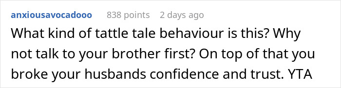 Comment criticizing tattling behavior about a man’s secret child causing family conflict and his anger.