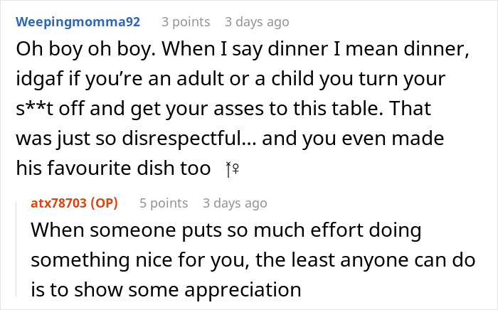 Alt text: Family’s entitled behavior causes disrespect and lack of appreciation, leaving them hungry and banned from dinner.