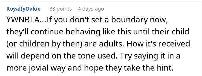 Comment discussing setting boundaries to avoid continued behavior, mentioning child and tone of delivery in conversation. Comment discussing setting boundaries to avoid continued behavior, mentioning child and tone of delivery in conversation.