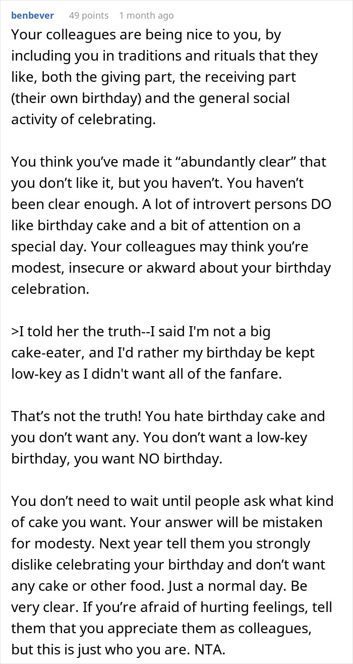 Text discussing an annoyed worker’s feelings about birthday cake and workplace birthday celebrations. Text discussing an annoyed worker’s feelings about birthday cake and workplace birthday celebrations.