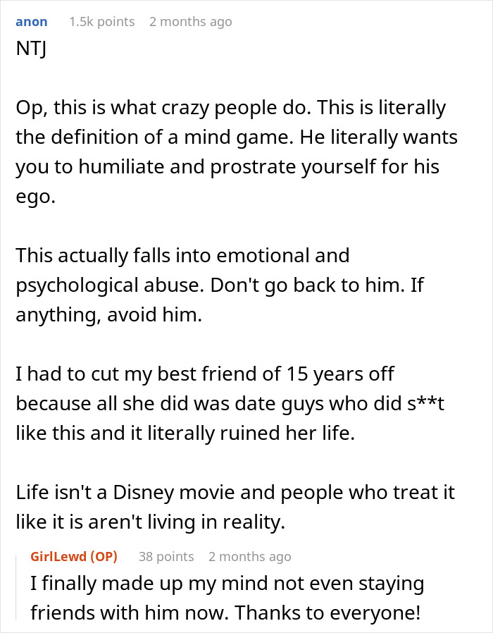 Reddit comment explaining emotional abuse and mind games after boyfriend breaks up without warning and blocks contact.