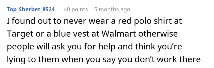 Screenshot of an online comment about red polo and blue vest causing confusion, related to boomer complaints and responses. Screenshot of an online comment about red polo and blue vest causing confusion, related to boomer complaints and responses.