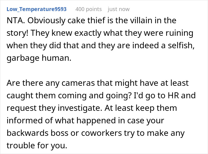 Comment discussing a woman’s custom baby shower cake ruined in a shared fridge and advice on handling coworkers.