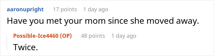 Screenshot of a humorous online conversation about parents and kid care in a casual parenting context. Screenshot of a humorous online conversation about parents and kid care in a casual parenting context.