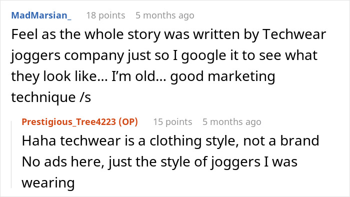 Screenshot of online comments debating techwear joggers and reactions to a boomer complaining about stranger’s pants style. Screenshot of online comments debating techwear joggers and reactions to a boomer complaining about stranger’s pants style.