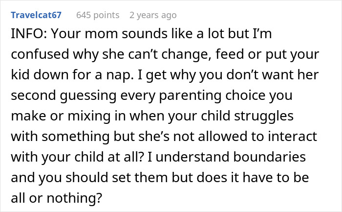 Screenshot of a social media comment discussing a mom being overprotective and not allowing her to help with baby care. Screenshot of a social media comment discussing a mom being overprotective and not allowing her to help with baby care.