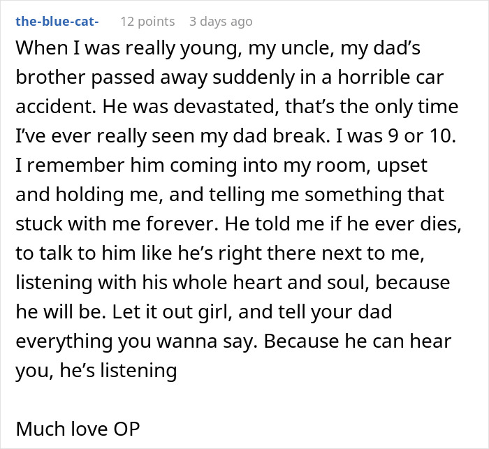 Text post from a user sharing a personal story about their dad and the emotional impact of his will and storage unit. Text post from a user sharing a personal story about their dad and the emotional impact of his will and storage unit.