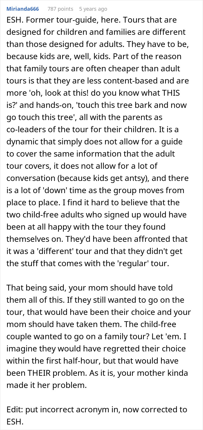 Comment explaining tour differences for families versus adults amid tour company bombarded with bad reviews after turning away childfree couple.