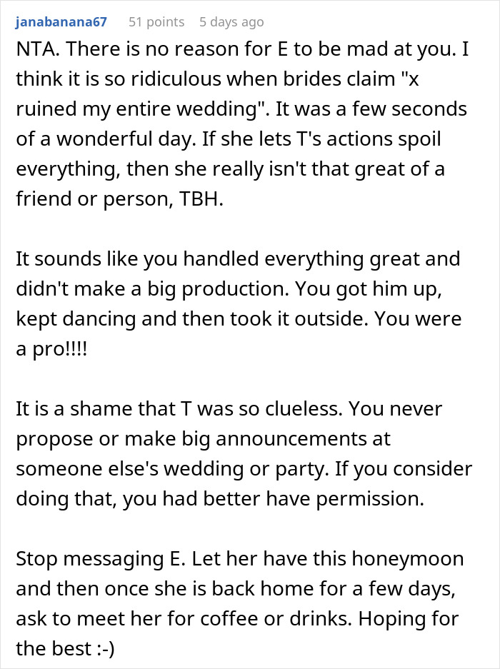Text comment discussing a man planning a public proposal at a wedding without asking, leaving the bride in tears and the girlfriend embarrassed.