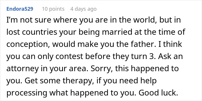 Comment discussing confusion and advice about fatherhood laws and seeking therapy after a disheartening discovery.