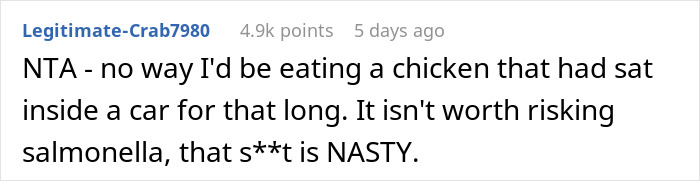 Comment warning about raw chicken left in a car trunk, mentioning biohazard risks and refusing to eat it due to salmonella concerns. Comment warning about raw chicken left in a car trunk, mentioning biohazard risks and refusing to eat it due to salmonella concerns.