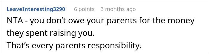Comment on a forum stating a teen refuses to sacrifice her future to fix parents’ financial mistakes, emphasizing parental responsibility.