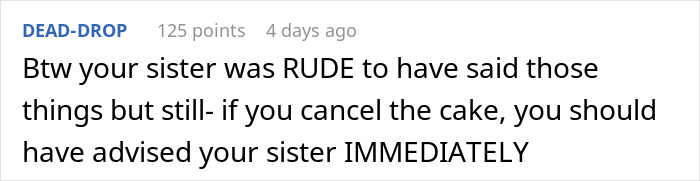 Screenshot of a forum comment discussing sister demanding aunt with no kids to pay for cake before party cancellations cause drama. Screenshot of a forum comment discussing sister demanding aunt with no kids to pay for cake before party cancellations cause drama.