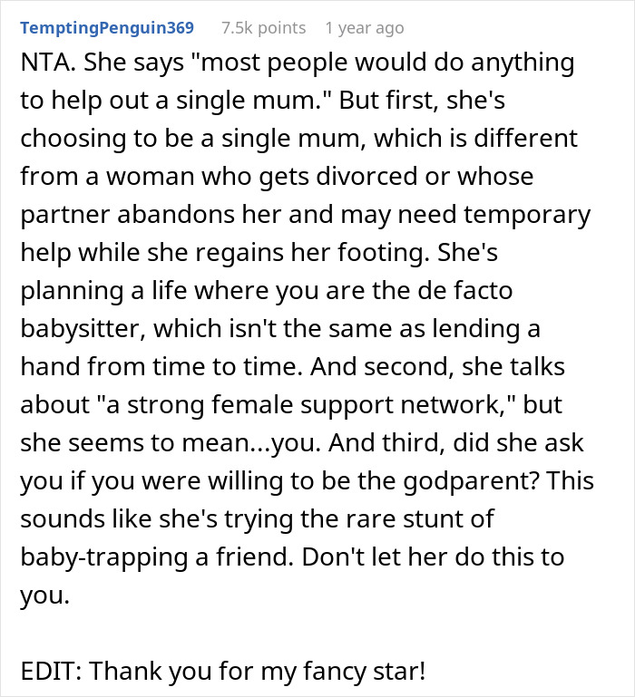 Comment discussing challenges of single mom relying on bestie for babysitting and expectations of support network. Comment discussing challenges of single mom relying on bestie for babysitting and expectations of support network.