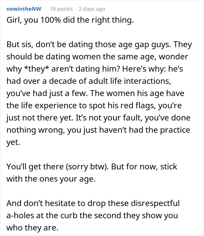 Reddit comment discussing dating advice about age gaps and identifying disrespectful behavior on dates. Reddit comment discussing dating advice about age gaps and identifying disrespectful behavior on dates.