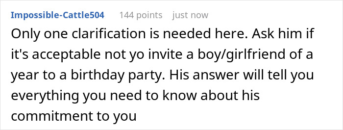 Text post discussing whether it is acceptable for a guy’s female best friend to exclude his girlfriend from a birthday party. Text post discussing whether it is acceptable for a guy’s female best friend to exclude his girlfriend from a birthday party.