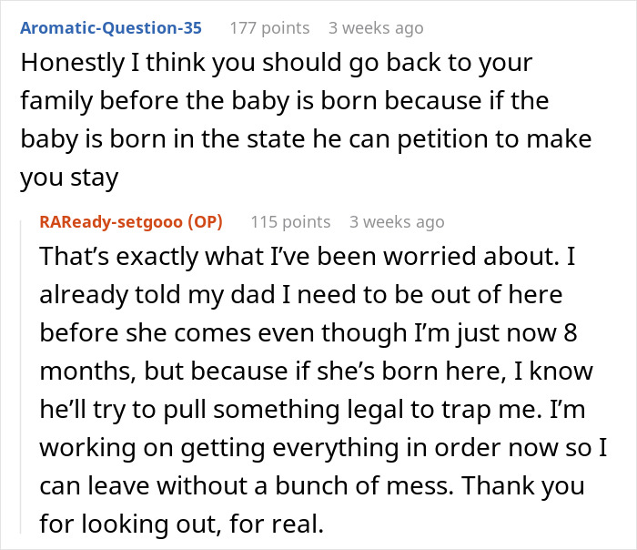 Text exchange discussing concerns about legal traps related to pregnancy and family pressures to stay near the baby’s birthplace. Text exchange discussing concerns about legal traps related to pregnancy and family pressures to stay near the baby’s birthplace.