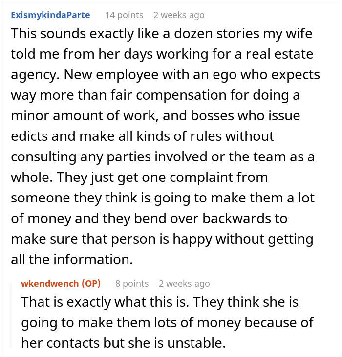 Reddit discussion about a lazy worker doing minimal work and demanding half of coworker’s commission for little help.