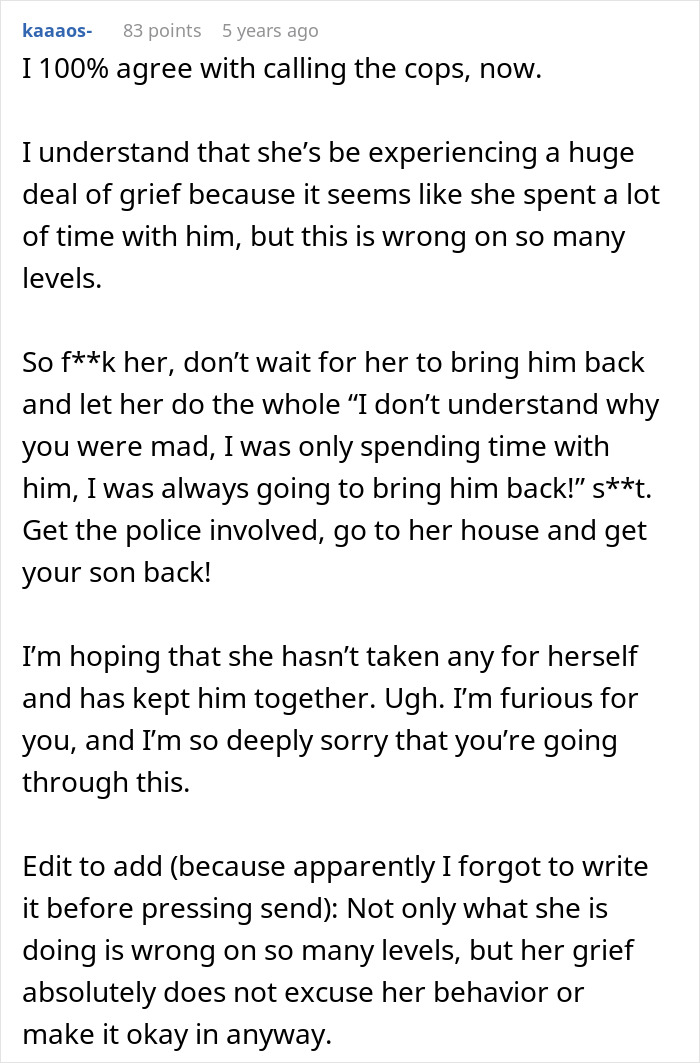 Alt text: Online comment expressing outrage over entitled grandma stealing grandson’s ashes sparking family drama and grief.