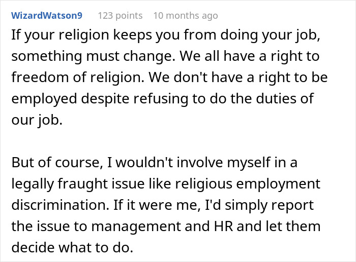 Comment discussing boss confronting custodian over refusal to empty feminine hygiene waste bins due to religion. Comment discussing boss confronting custodian over refusal to empty feminine hygiene waste bins due to religion.