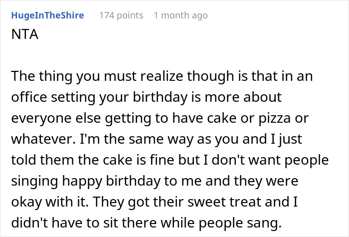 Comment discussing an annoyed worker’s birthday cake in an office setting avoiding birthday singing. Comment discussing an annoyed worker’s birthday cake in an office setting avoiding birthday singing.