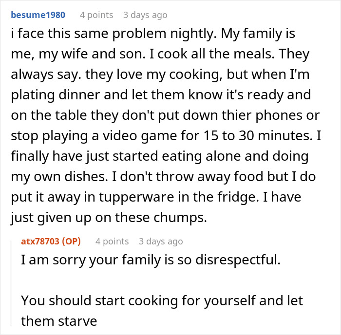 Online discussion about family’s entitled behavior and disrespect during mealtime, leading to frustration and hunger.