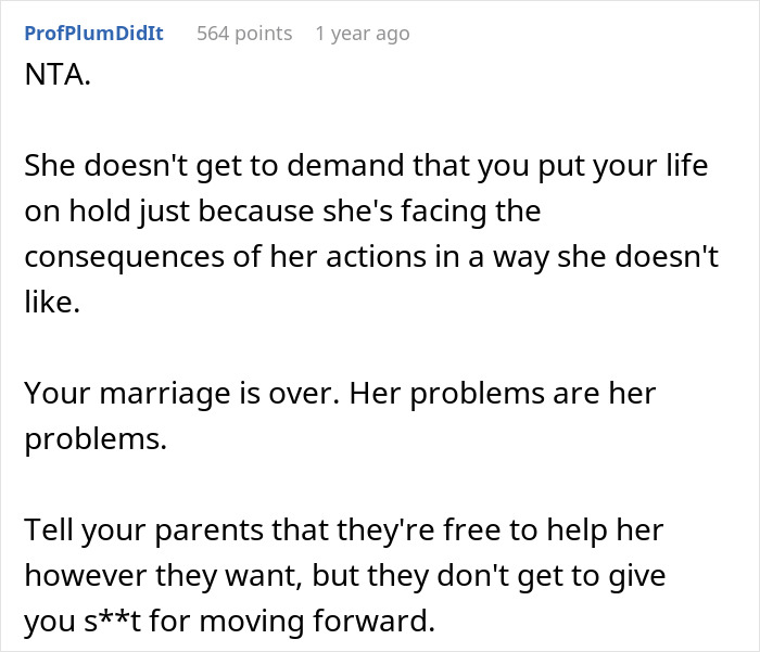 Screenshot of Reddit comment advising not to delay divorce after wife leaves for affair partner and faces consequences. Screenshot of Reddit comment advising not to delay divorce after wife leaves for affair partner and faces consequences.
