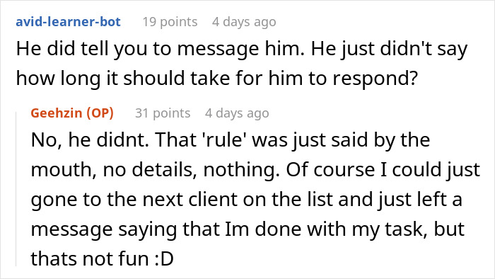 Screenshot of a conversation discussing messaging clients as instructed by boss and waiting hours without a response.