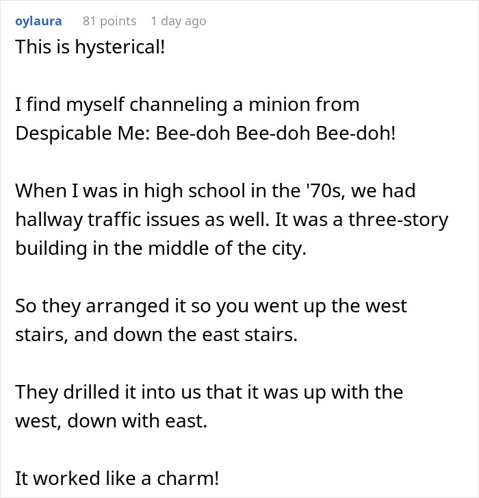Comment discussing school hallway lanes and student traffic flow solutions in a high school building. Comment discussing school hallway lanes and student traffic flow solutions in a high school building.