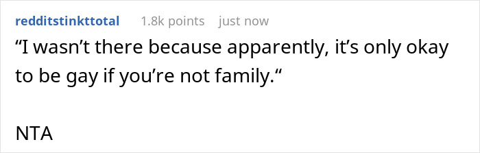 Reddit comment excerpt about a gay man spending $1.3K to attend twin’s wedding and not being invited. Reddit comment excerpt about a gay man spending $1.3K to attend twin’s wedding and not being invited.