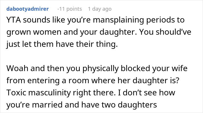 Comment criticizing a mom for overdoing the menstruation celebration for her 12-year-old daughter and mansplaining periods. Comment criticizing a mom for overdoing the menstruation celebration for her 12-year-old daughter and mansplaining periods.