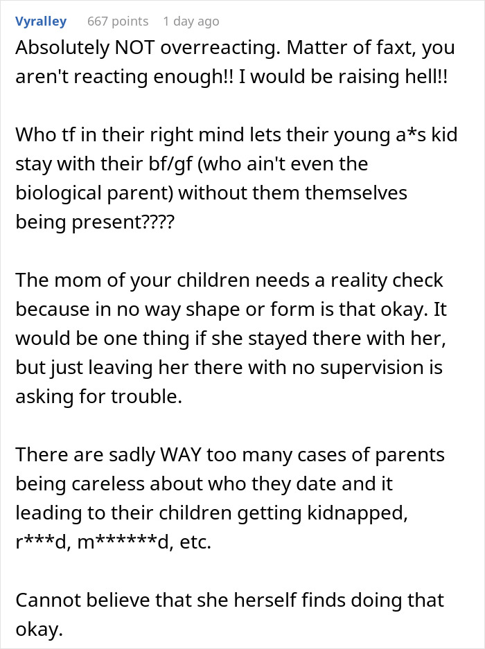 Comment expressing concern about 8-year-old spending the night at mom’s boyfriend’s house without family supervision. Comment expressing concern about 8-year-old spending the night at mom’s boyfriend’s house without family supervision.