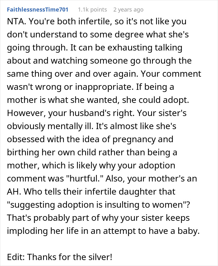 Comment discussing infertility struggles and a sister’s meltdown over adoption suggestion in a baby-mad family conflict. Comment discussing infertility struggles and a sister’s meltdown over adoption suggestion in a baby-mad family conflict.