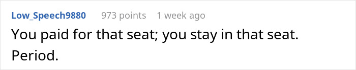 Comment text on a social media post about a man invading a woman’s space after she declines to swap seats.