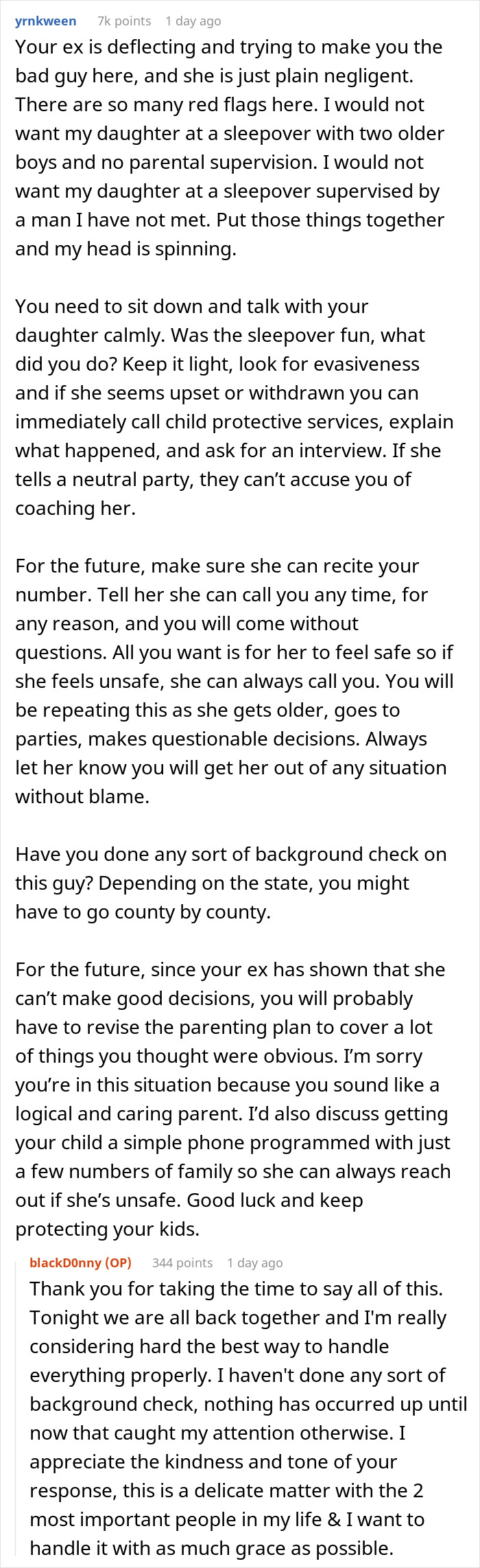Parent discusses concerns about 8-year-old spending the night at mom’s boyfriend’s house and safety precautions. Parent discusses concerns about 8-year-old spending the night at mom’s boyfriend’s house and safety precautions.